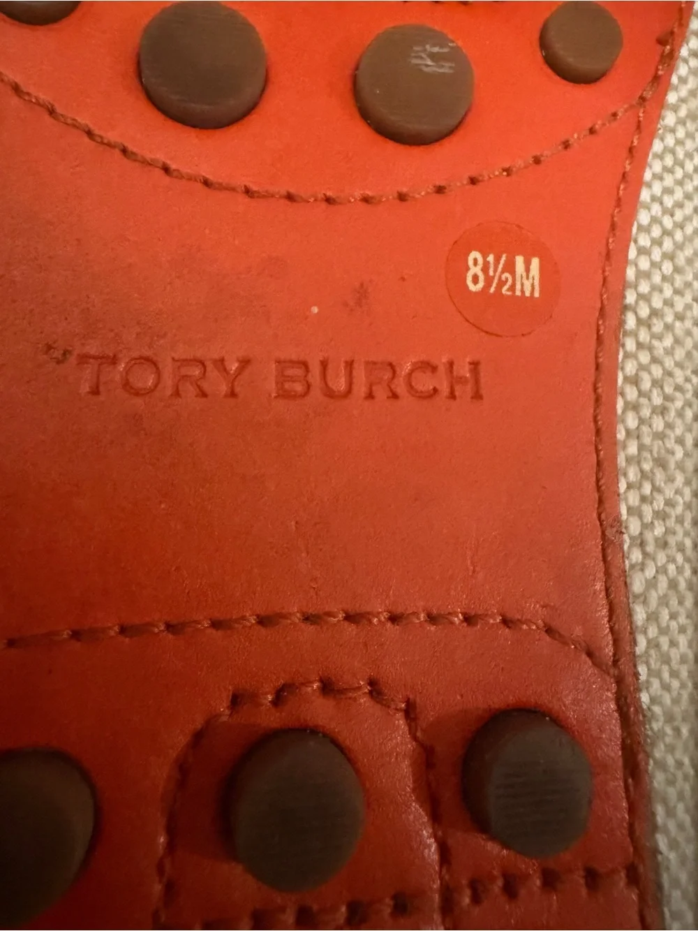 Tory Burch Beige Canvas & Orange Leather Slip-On Loafers